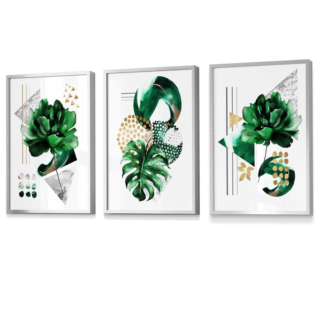 Sett med 3 innrammede veggkunstverk i grønt og gullfarget blomstermotiv