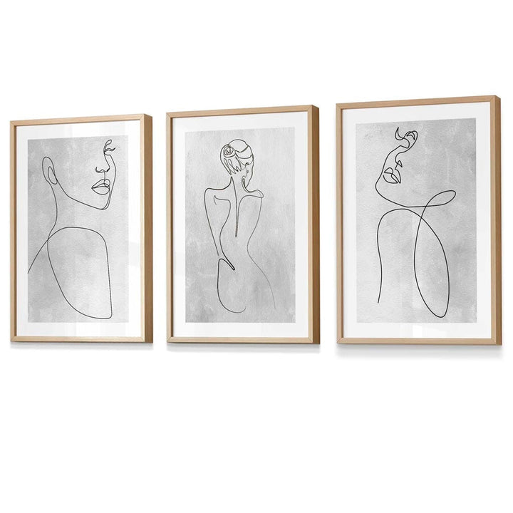 Abstrakt linjekunst kvinne grå veggkunstsett med 3 innrammede trykk