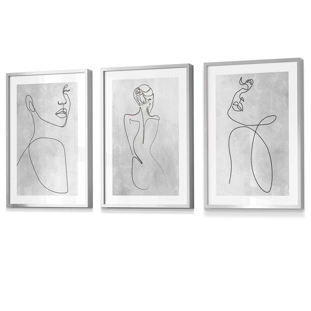 Abstrakt linjekunst kvinne grå veggkunstsett med 3 innrammede trykk
