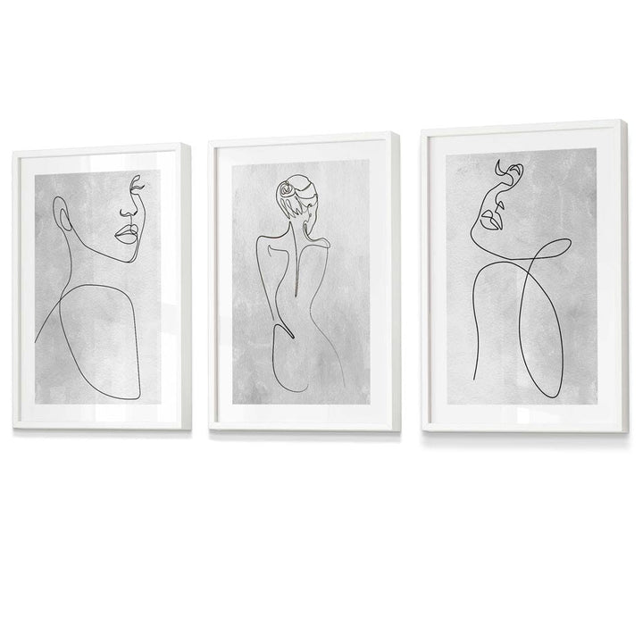 Abstrakt linjekunst kvinne grå veggkunstsett med 3 innrammede trykk