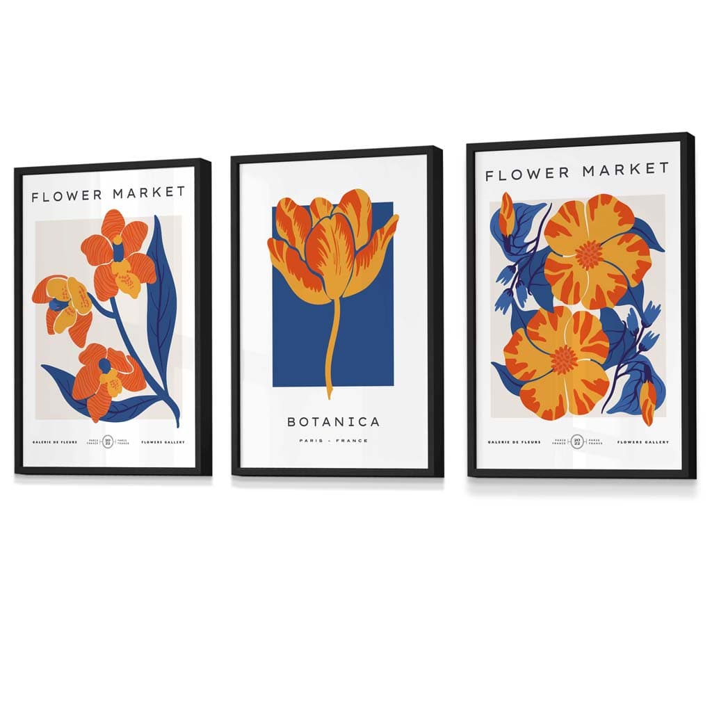 Innrammet veggkunst med temaet «Blått og oransje blomstermarked»