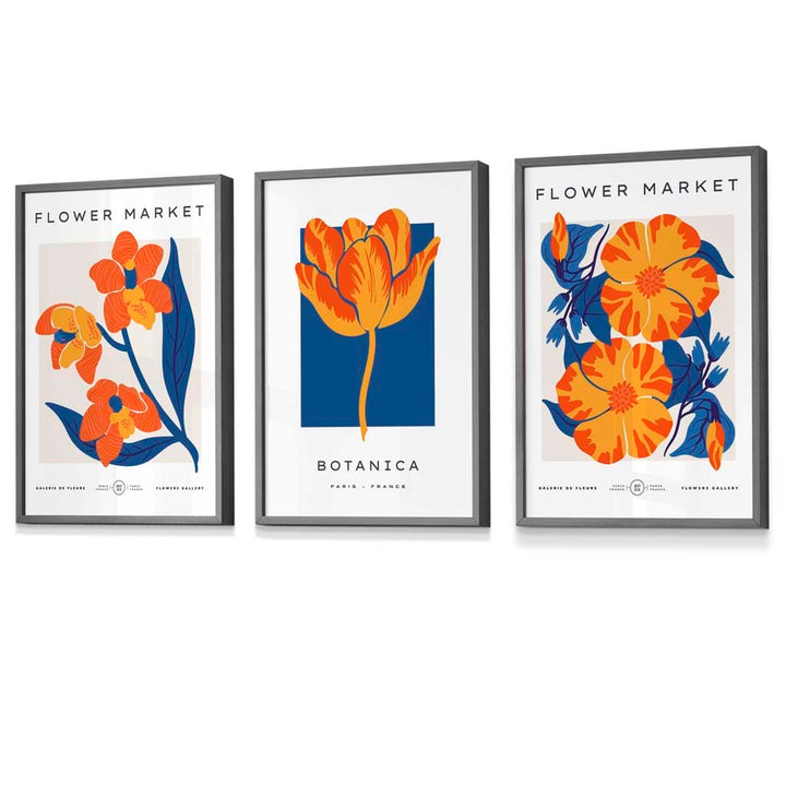Innrammet veggkunst med temaet «Blått og oransje blomstermarked»