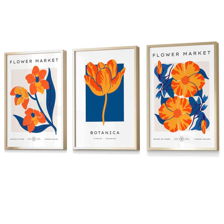 Innrammet veggkunst med temaet «Blått og oransje blomstermarked»