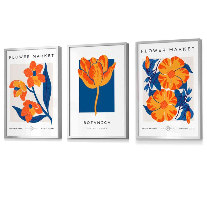 Innrammet veggkunst med temaet «Blått og oransje blomstermarked»
