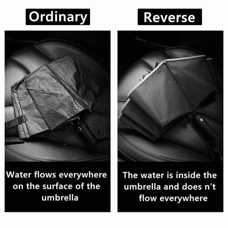 Skanto | Automatisk reversibel LED-lys paraply med refleksbånd, trefoldig sammenleggbart, invertert, 10 ribber, vindtett paraplyer for reise