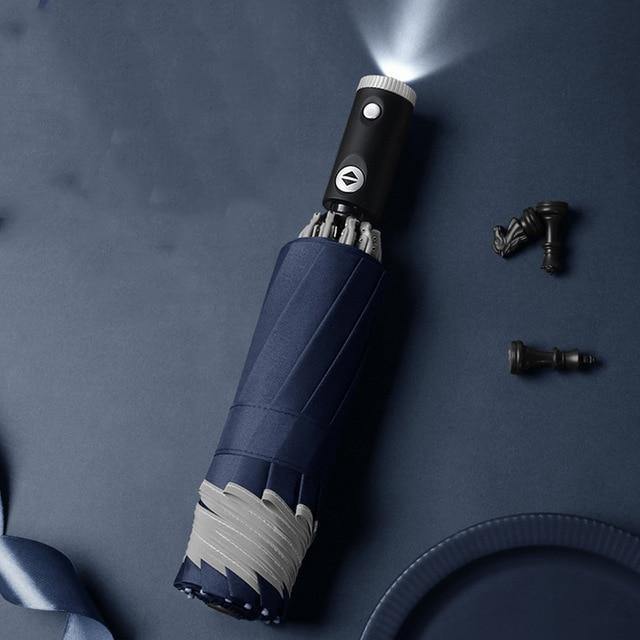 Skanto | Automatisk reversibel LED-lys paraply med refleksbånd, trefoldig sammenleggbart, invertert, 10 ribber, vindtett paraplyer for reise