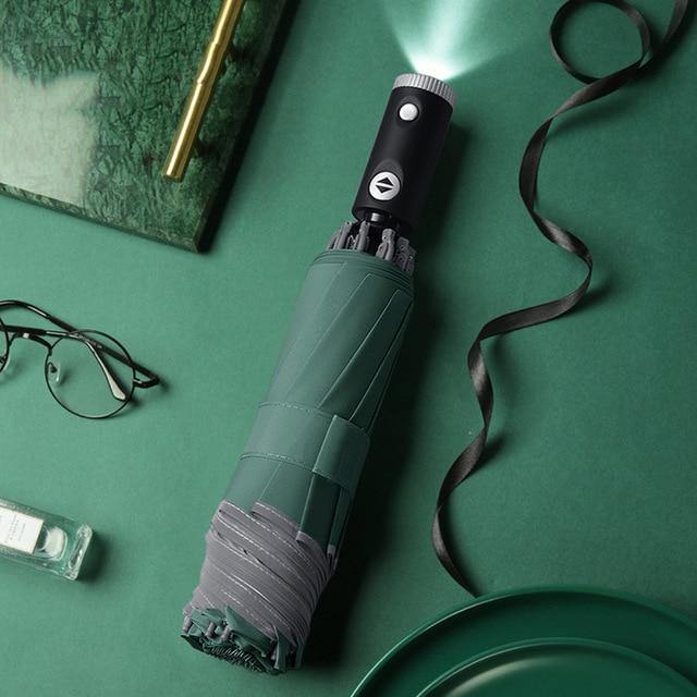 Skanto | Automatisk reversibel LED-lys paraply med refleksbånd, trefoldig sammenleggbart, invertert, 10 ribber, vindtett paraplyer for reise