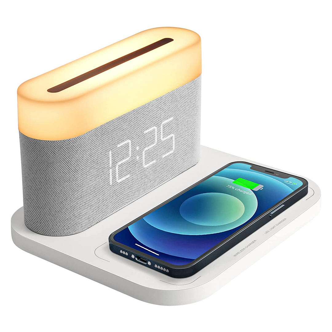 Skanto | 3-i-1 Trådløs Lader, LED Lampe & Digital Vekkerklokke | Rask Lading Dock