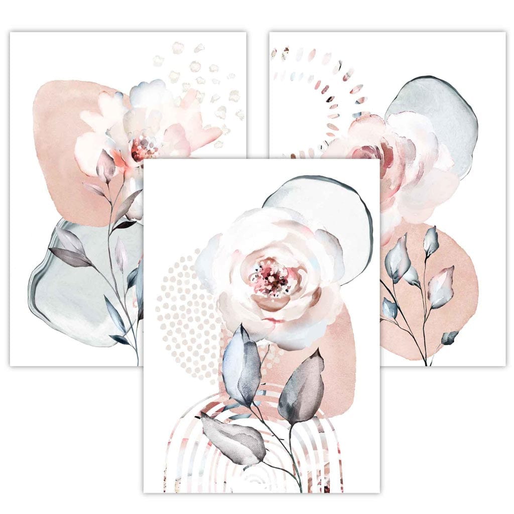 Abstrakt, rosa og grå blomsterveggkunst med rammer