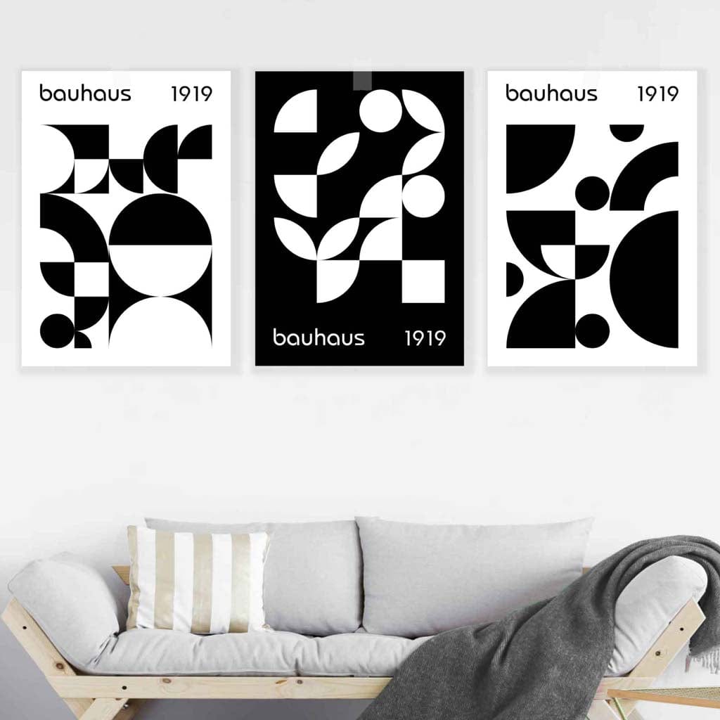 Grafisk, svart-hvitt, geometrisk veggkunst i Bauhaus-stil, sett med 3