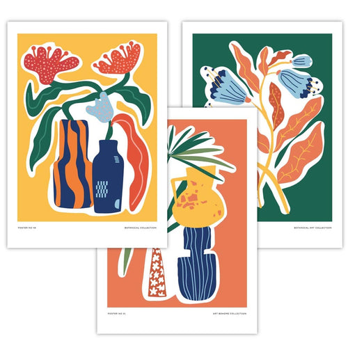 Kunstnerisk designet botanisk plakatsett med 3 plakater i grønt, oransje og gult
