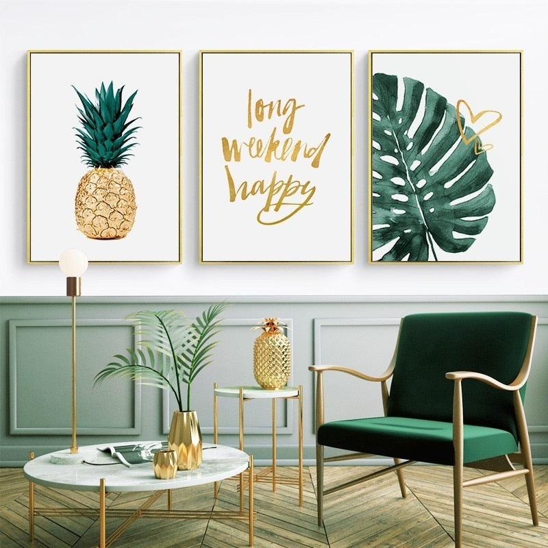 Gull Ananas Tropisk Skilpadde Blad Moderne - Lerret Veggkunst Maling