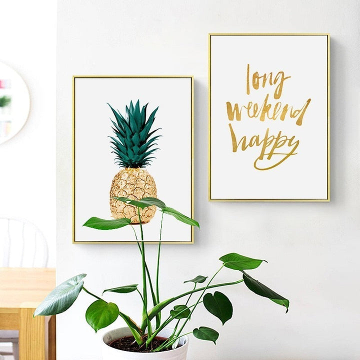 Gull Ananas Tropisk Skilpadde Blad Moderne - Lerret Veggkunst Maling