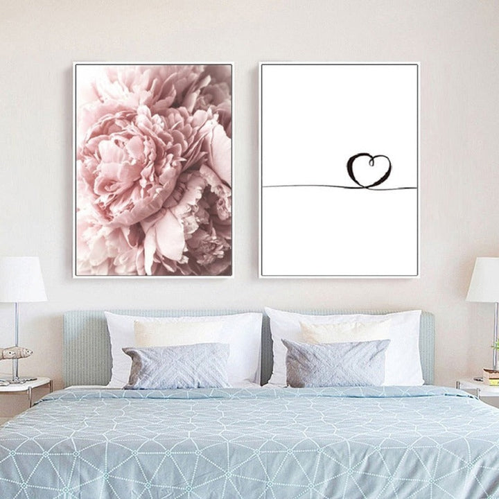 Moderne minimalistisk bokstavmaleri med rosa peonblomst – lerretsbilde