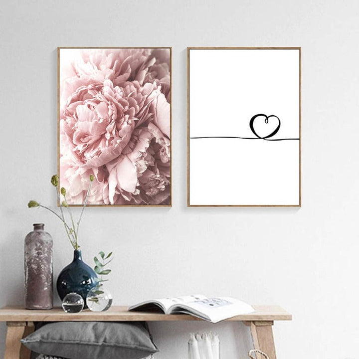 Moderne minimalistisk bokstavmaleri med rosa peonblomst – lerretsbilde