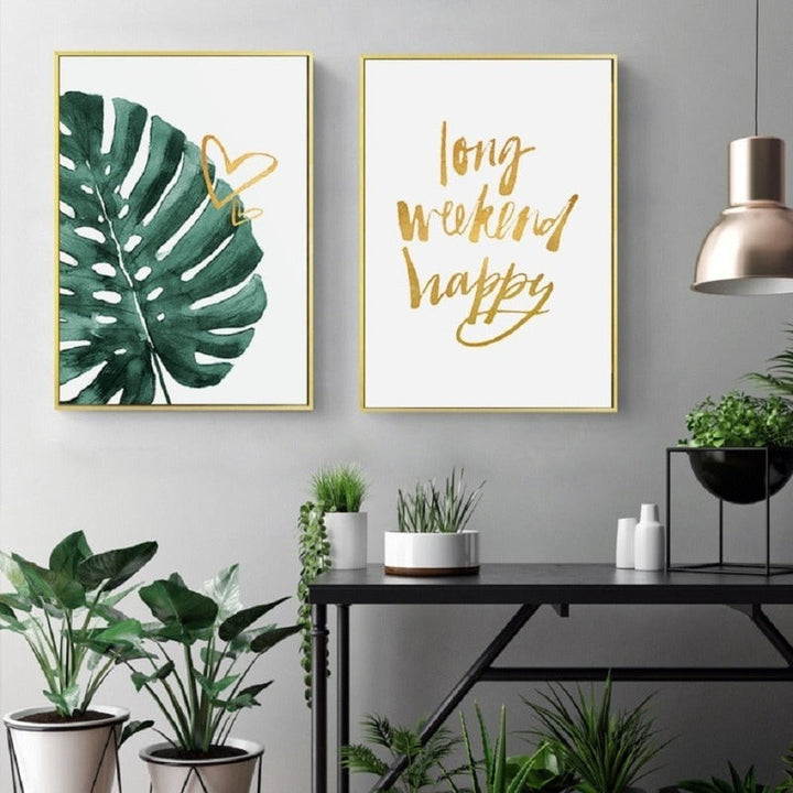 Gull Ananas Tropisk Skilpadde Blad Moderne - Lerret Veggkunst Maling