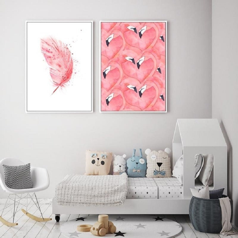 Vakre Rosa Flamingo Fjær - Lerret Veggkunst Maleri | Skanto