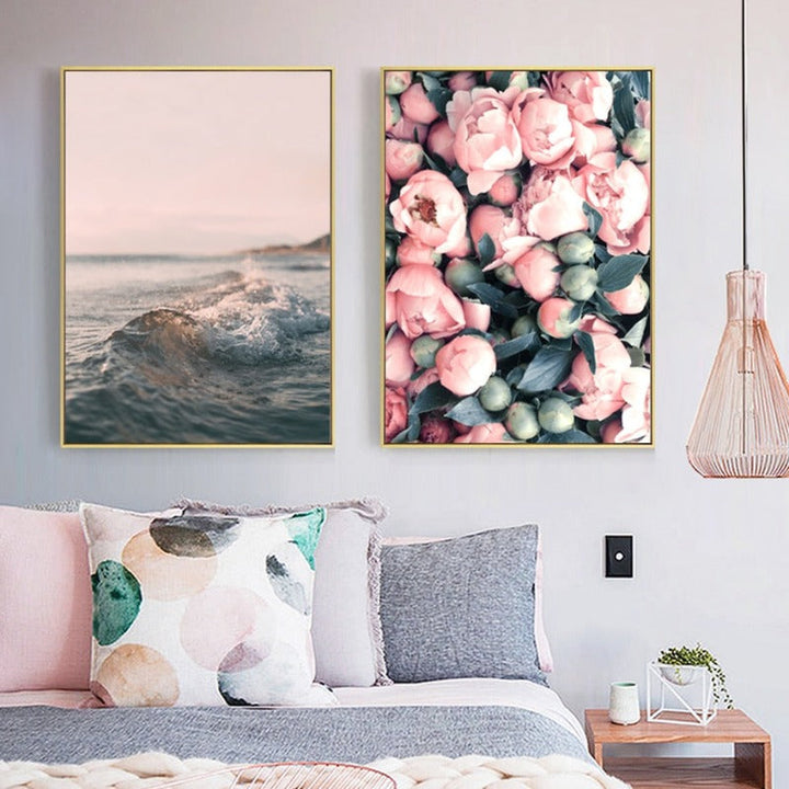 Moderne romantisk lerretsbilde med rosa peoner og flamingoer