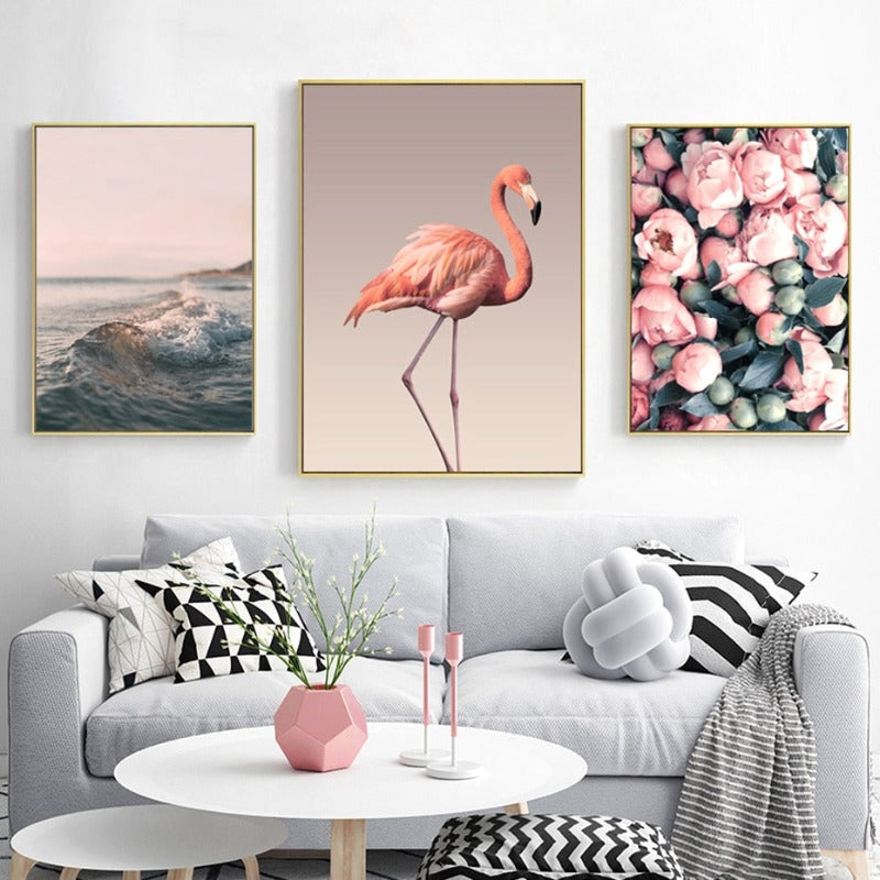 Moderne romantisk lerretsbilde med rosa peoner og flamingoer