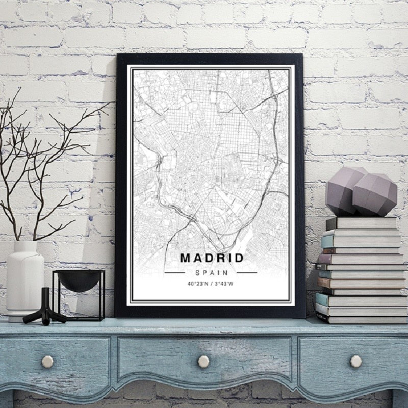 Svart-hvitt Madrid bykart Breddegrad Lengdegrad trykk Plakat | Skanto