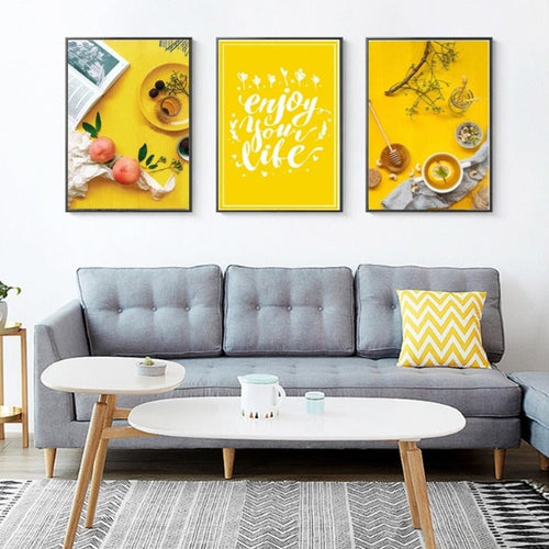 Essen Tee Plakat Livssitat Gul Bakgrunn - Lerret Veggkunst Maleri