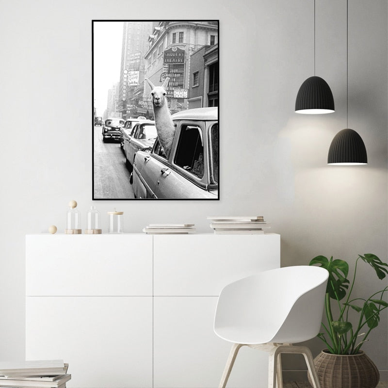 Alpaca in a Taxi - Canvas Wall Art Painting | Skanto
