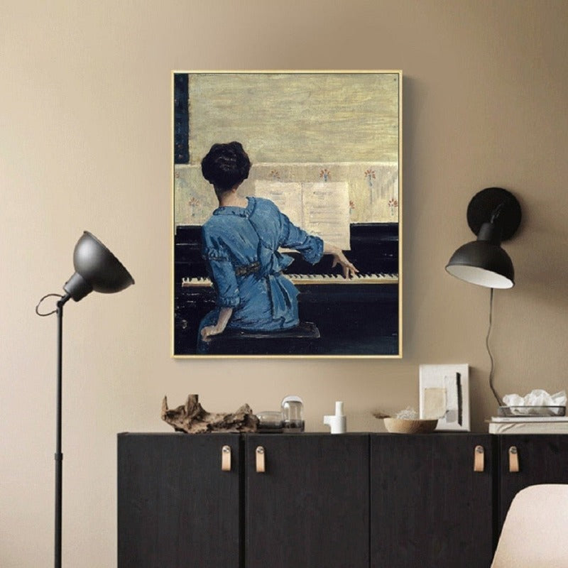 Vintage jente ved pianoet – Lerretsbilde