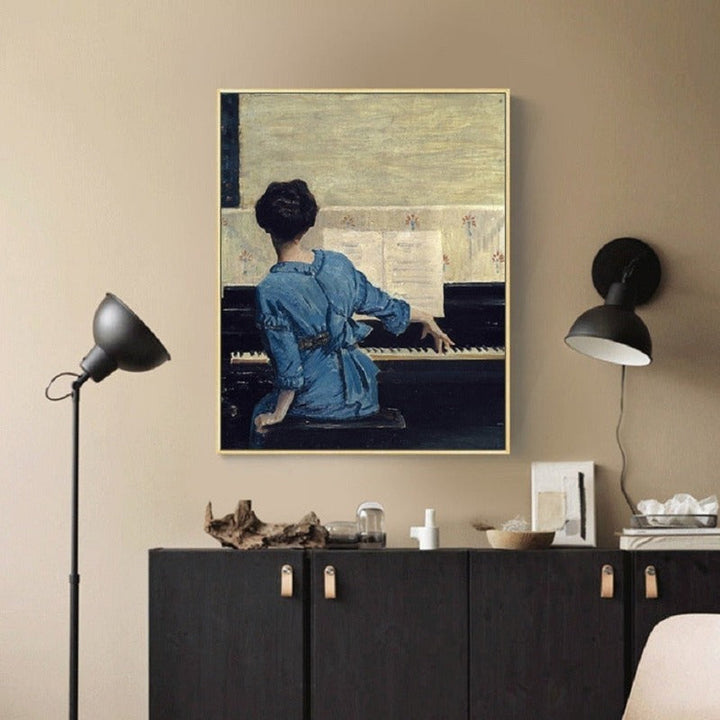Vintage jente ved pianoet – Lerretsbilde