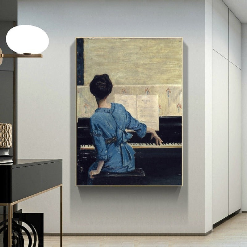 Vintage jente ved pianoet – Lerretsbilde