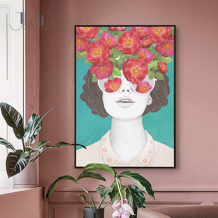 Fashion Figure Floral Girl - Lerret Veggkunst Maleri