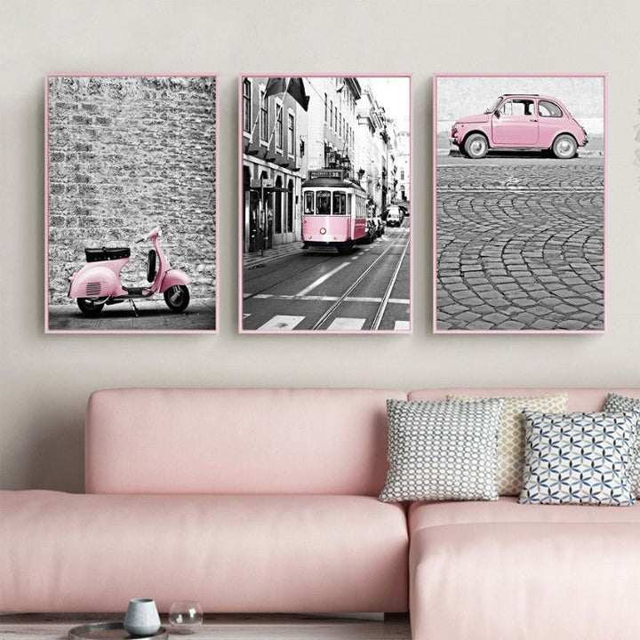 Bylandskap Rosa Bil-Canvas Veggkunst Maling | Skanto