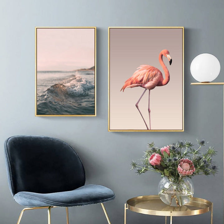 Moderne romantisk lerretsbilde med rosa peoner og flamingoer