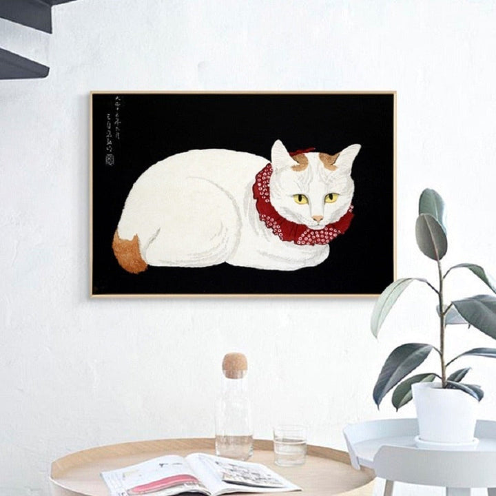 Katt med rød skjerf - lerretbilde