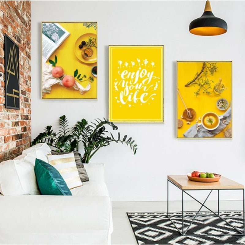 Essen Tee Plakat Livssitat Gul Bakgrunn - Lerret Veggkunst Maleri