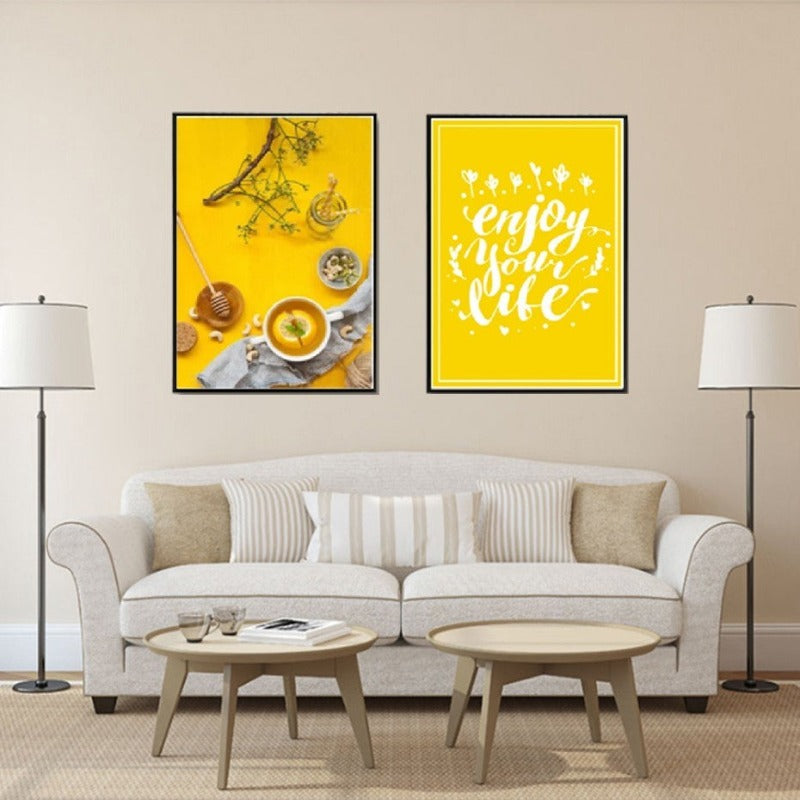 Essen Tee Plakat Livssitat Gul Bakgrunn - Lerret Veggkunst Maleri