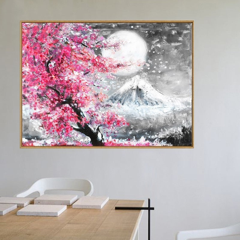 Mount Fuji Kirsjeblomstring Landskap Japan - Lerret Veggkunst Maleri