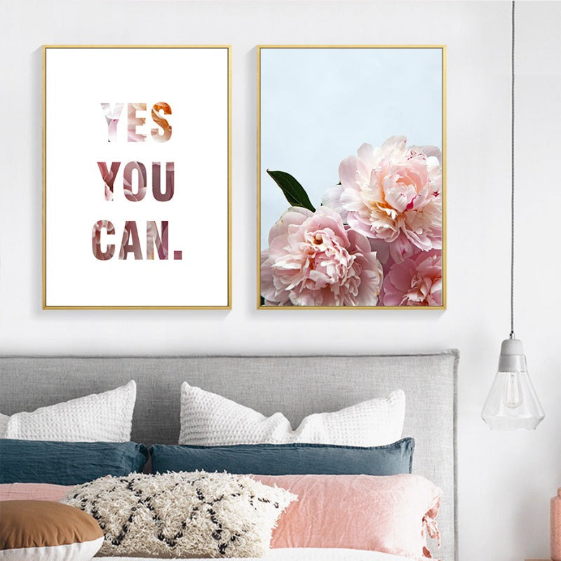 Pink Peony Floral Ja Du Kannst Sitater - Lerret Veggkunst Maleri