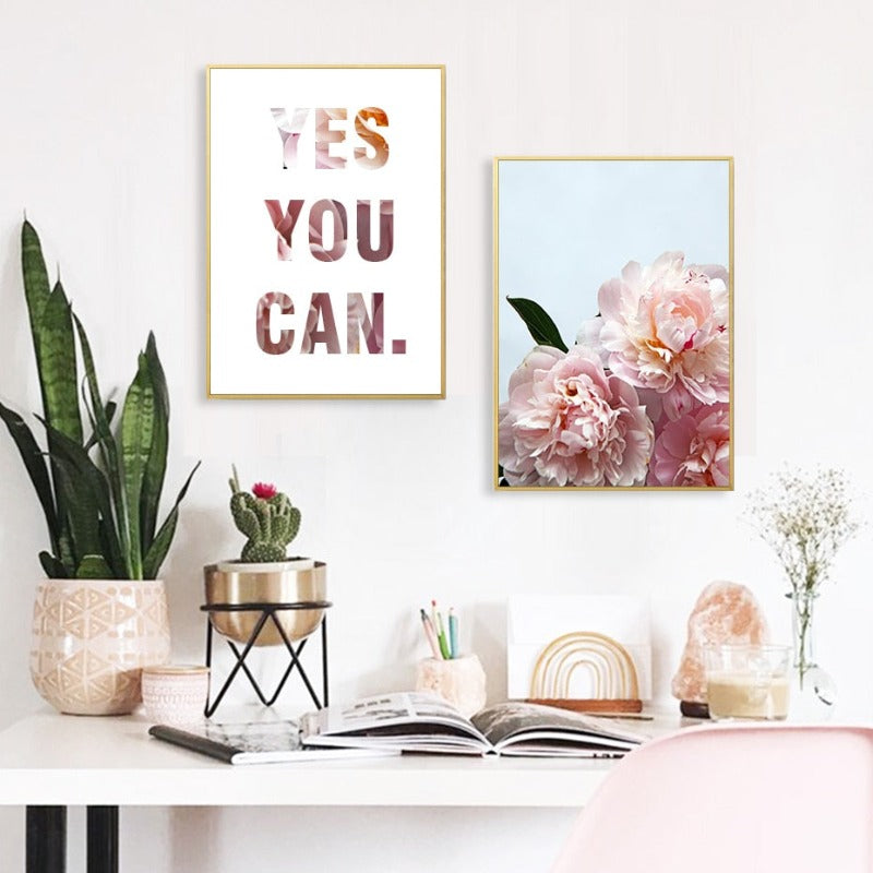 Pink Peony Floral Ja Du Kannst Sitater - Lerret Veggkunst Maleri