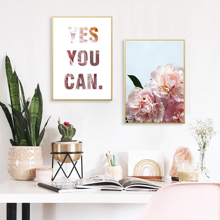 Pink Peony Floral Ja Du Kannst Sitater - Lerret Veggkunst Maleri