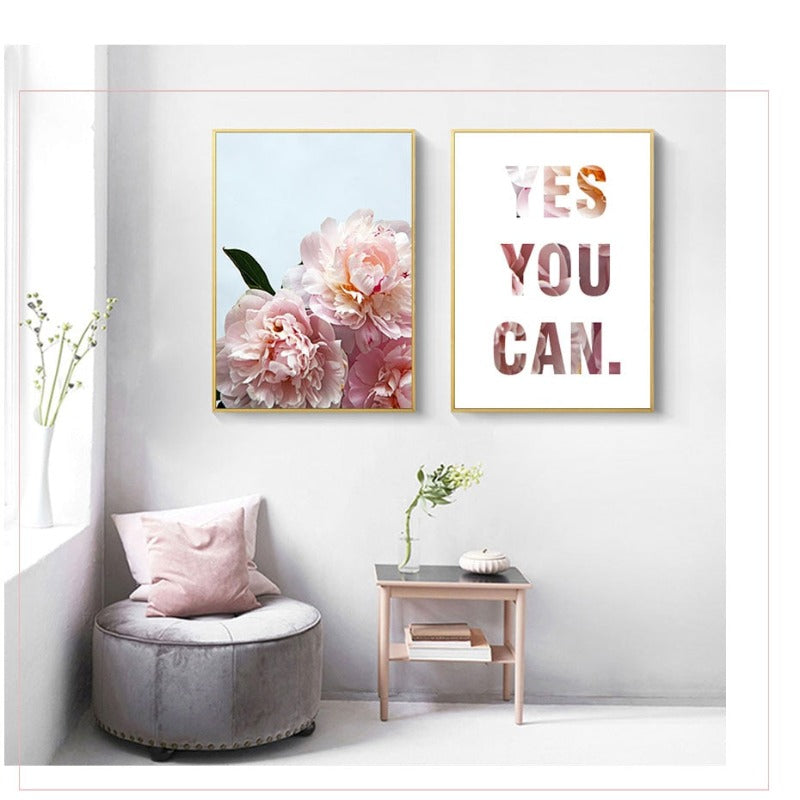 Pink Peony Floral Ja Du Kannst Sitater - Lerret Veggkunst Maleri