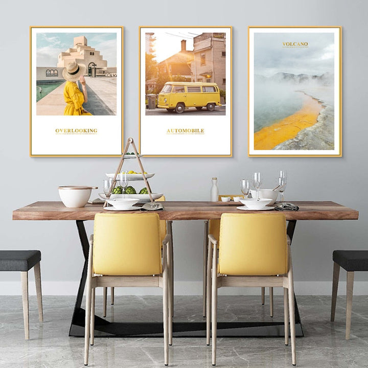 Moderne gule landskapsveggkunstplakat - lerret veggkunstmaleri