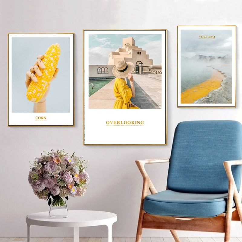 Moderne gule landskapsveggkunstplakat - lerret veggkunstmaleri