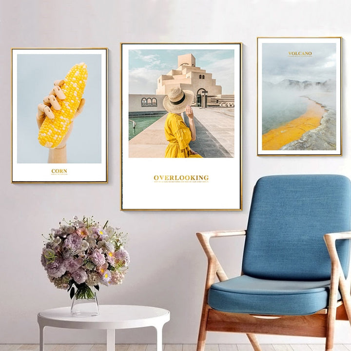 Moderne gule landskapsveggkunstplakat - lerret veggkunstmaleri