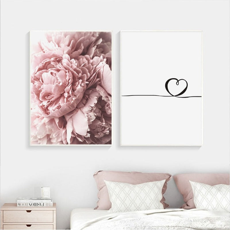 Moderne minimalistisk bokstavmaleri med rosa peonblomst – lerretsbilde