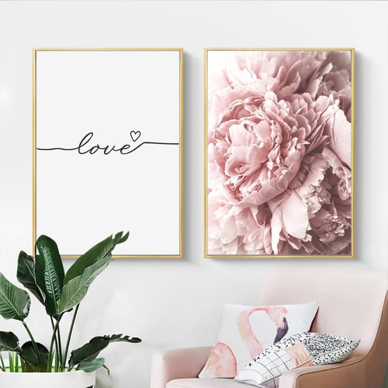 Moderne minimalistisk bokstavmaleri med rosa peonblomst – lerretsbilde