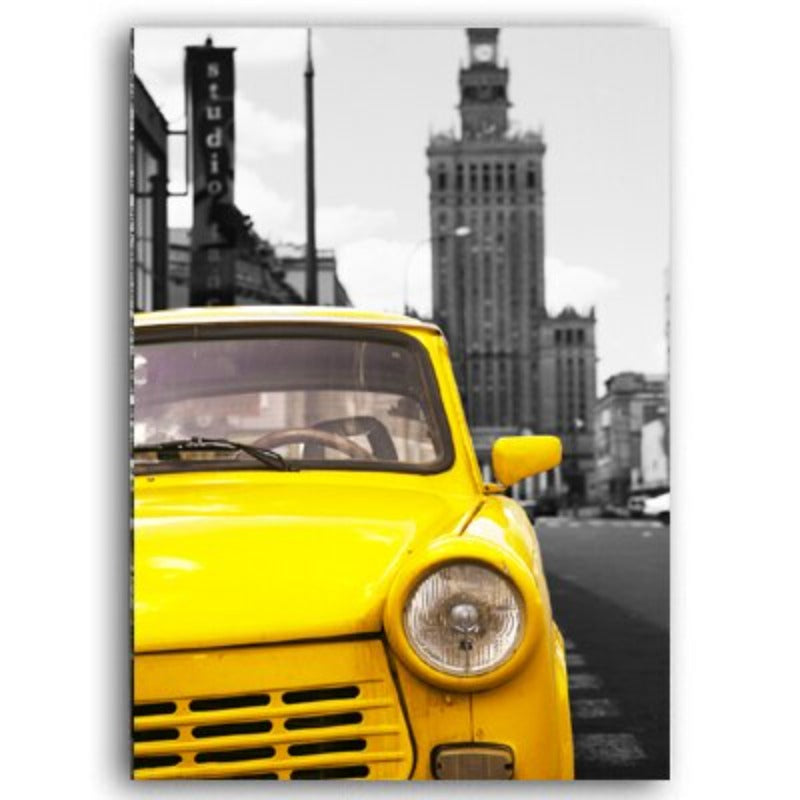 Vintage-scene med gul bybuss – lerretsbilde