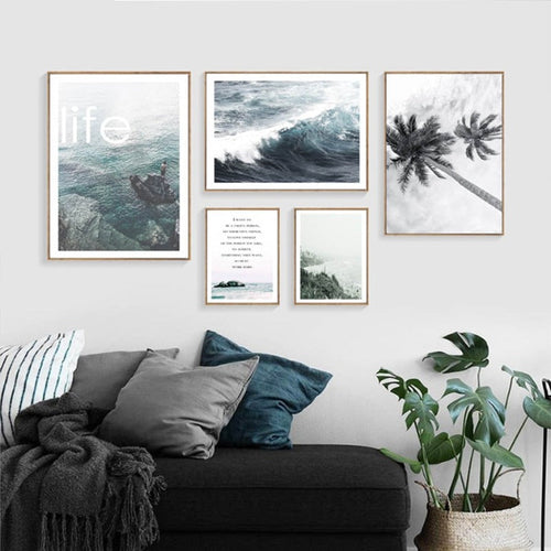 Moderne Welle Kystpalme Seascape - Lerret Veggkunst Maleri