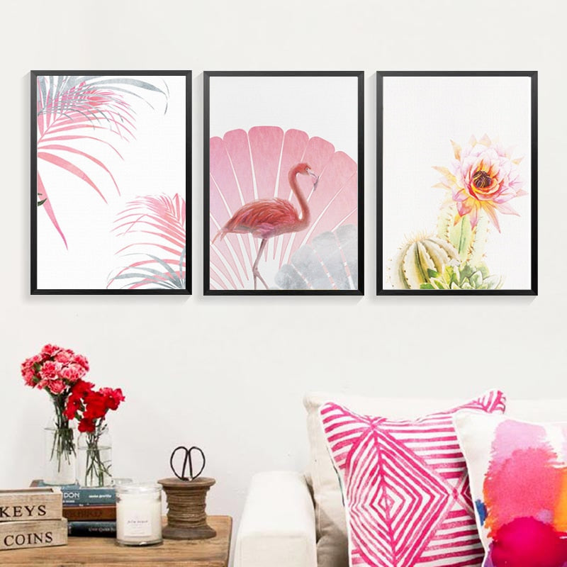 Pink Flamingo Flowers Jente - Lerret Veggkunst Maleri