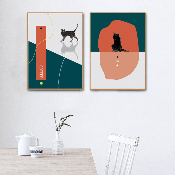 Cat Drikke Kaffe-Canvas Veggkunst Maleri | Skanto