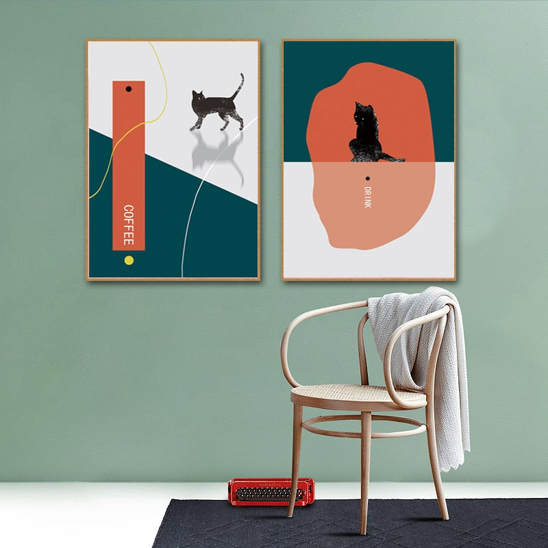 Cat Drikke Kaffe-Canvas Veggkunst Maleri | Skanto